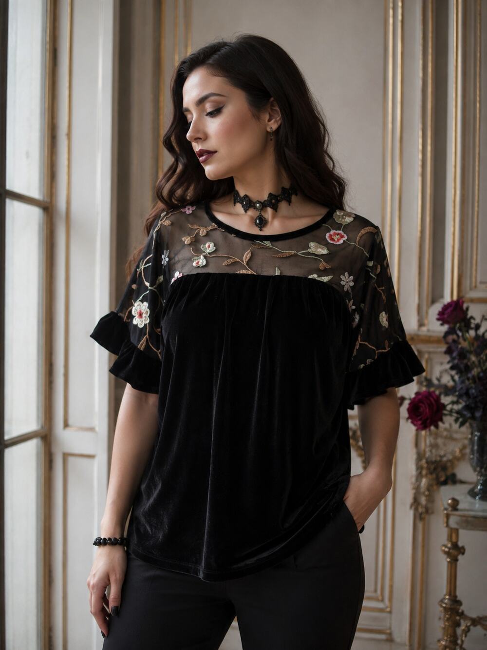 Pleione Black Velvet Blouse M Floral Embroidered Sheer Mesh Ruffle Sleeve Top